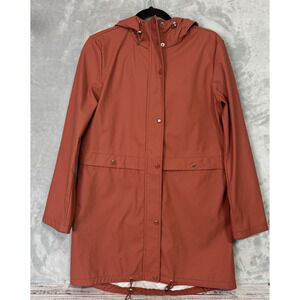 Vero Moda Rain Coat Womens Small Coral Full Zip Button Up Hooded Long Length